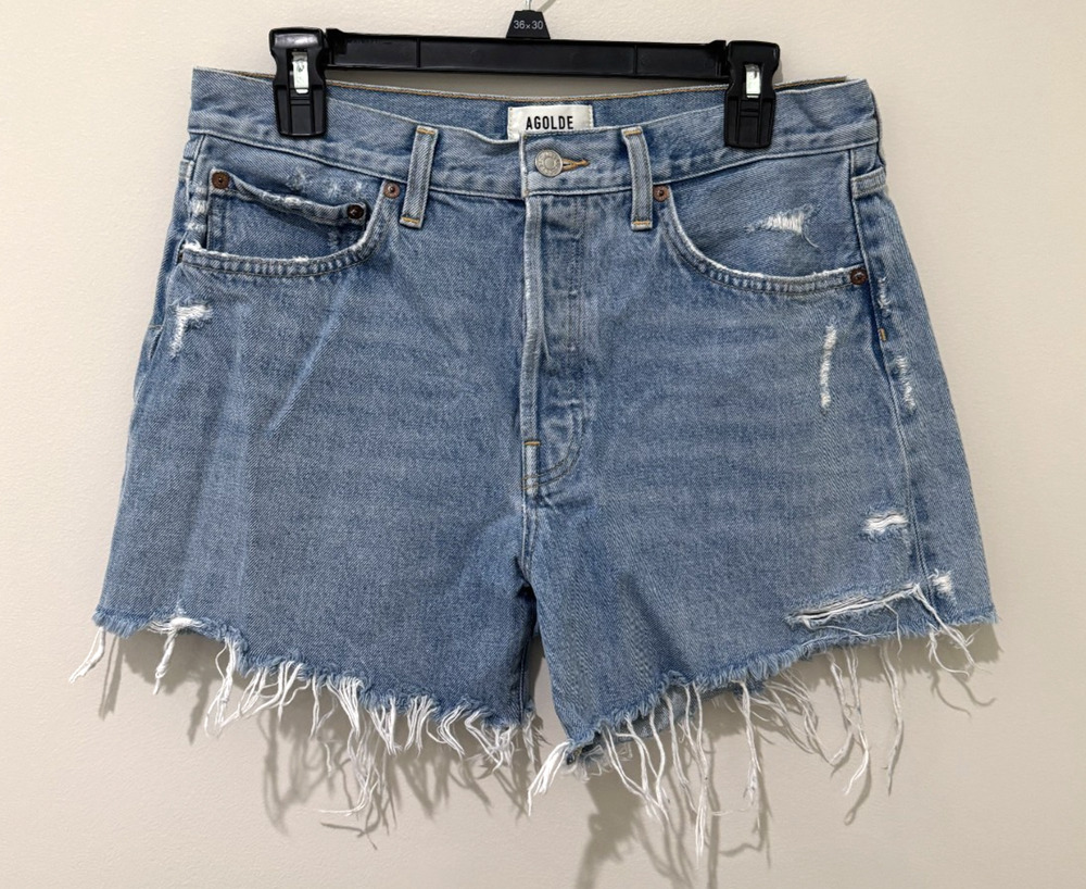 Agolde Shorts Parker Long Size 29 Womens High Rise Denim Cut Off Hem Button Fly